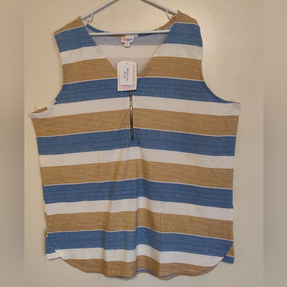 NWT 3XL LuLaRoe Rachael Sleeveless Top ZIPPER Beachy Colors Blue/Sand/White NEW